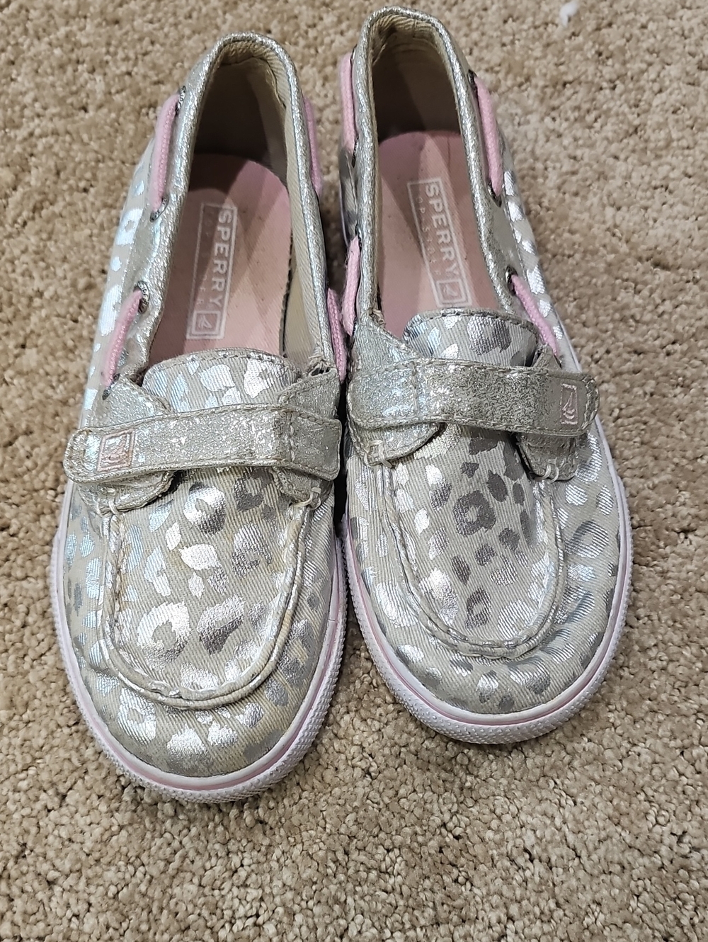Sperry Kids Metallic Leopard Slip-On Moccasins in Gold and Pink